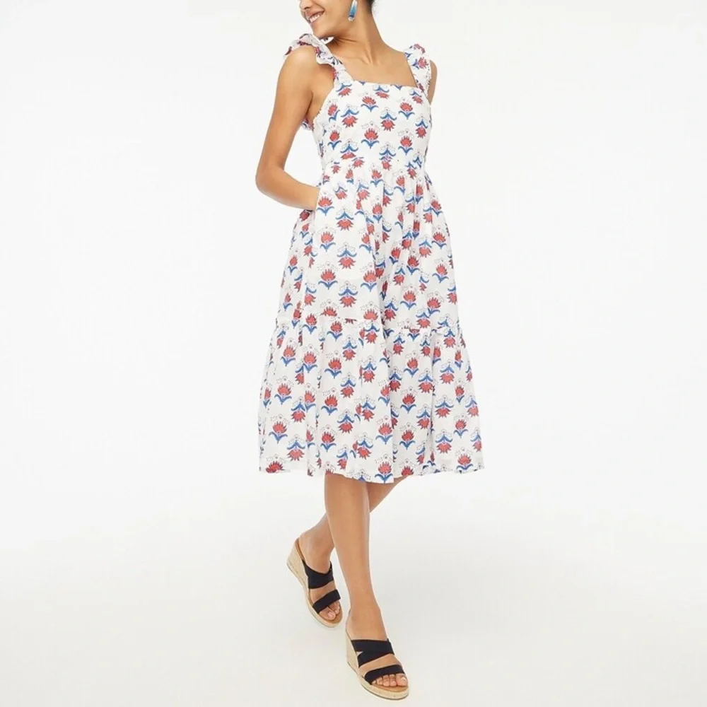 NEW J. Crew Square Neck Midi Dress in Floral Red White Blue Print - 18